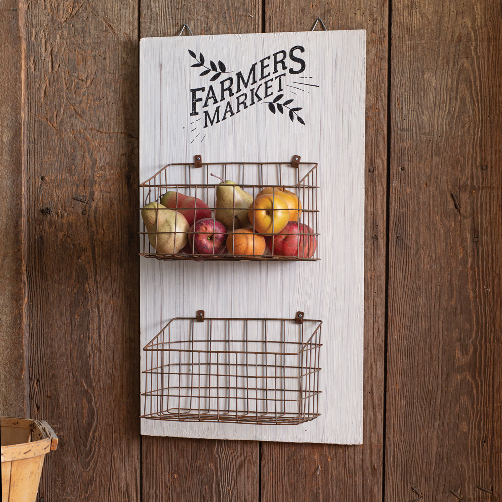 Farmers Market Hanging Wall Basket – Distressed White Wood Farmhouse Storage