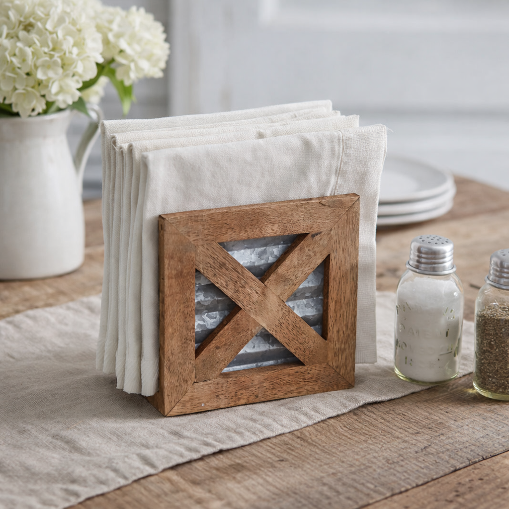 Barn Door Napkin Holder – Rustic Wood & Galvanized Metal Farmhouse Caddy