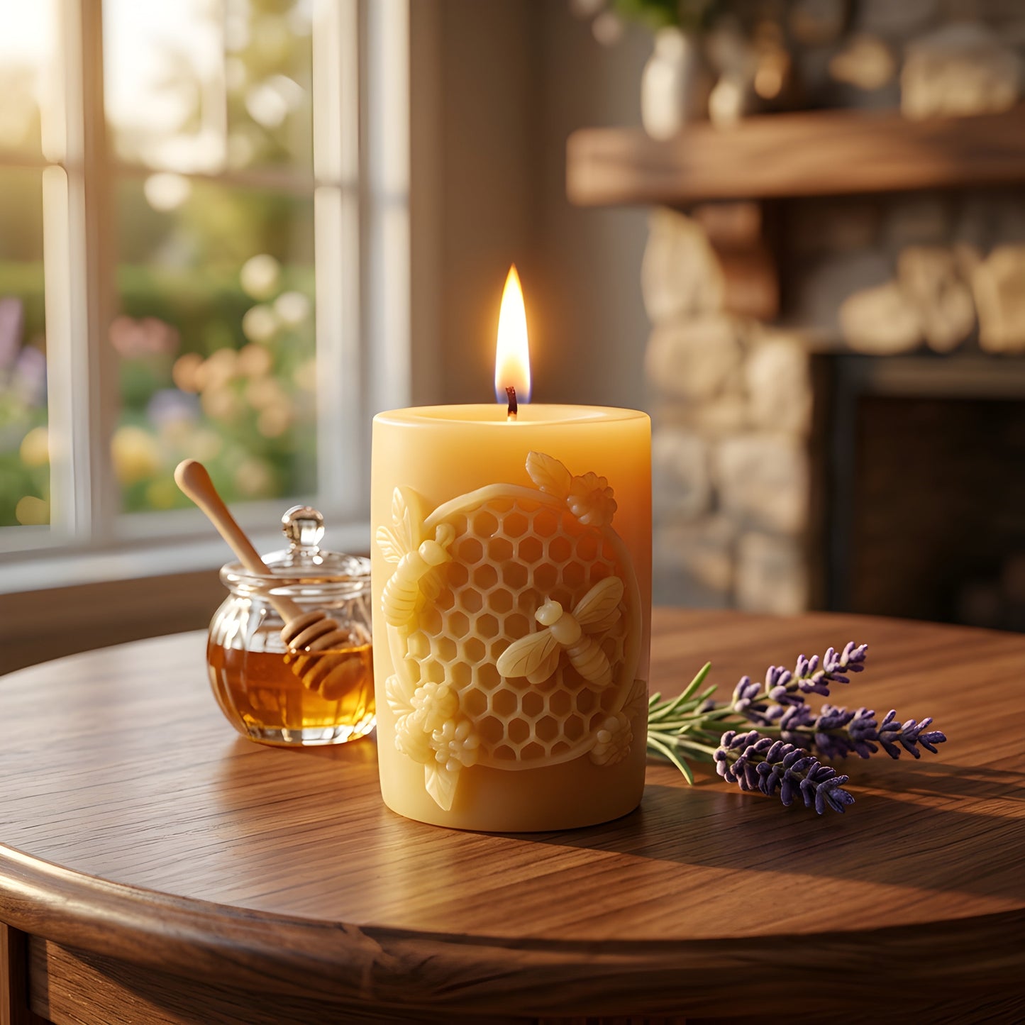 Golden Hivelet Beeswax Pillar Candle Beehive Inspired