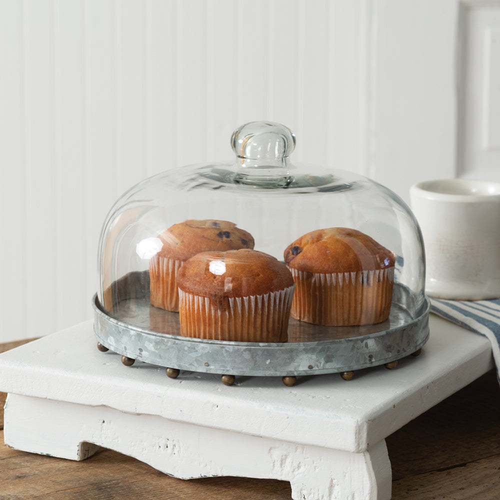 Glass Dessert Cloche with Beaded Base – Galvanized Metal & Brass Accents