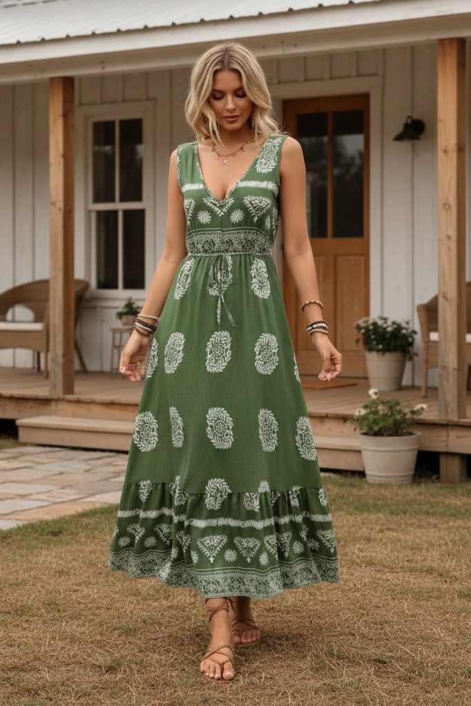Matcha Green Printed V-Neck Sleeveless Dress