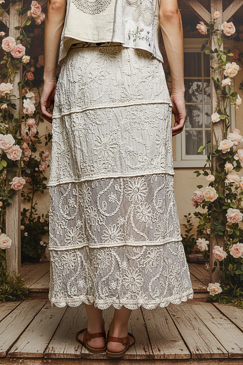 Floral Embroidered Maxi Skirt with Tiered Crochet Design