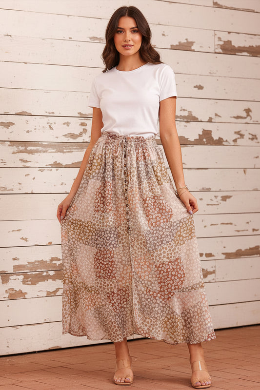 Floral Slit Skirt with Buttoned Front