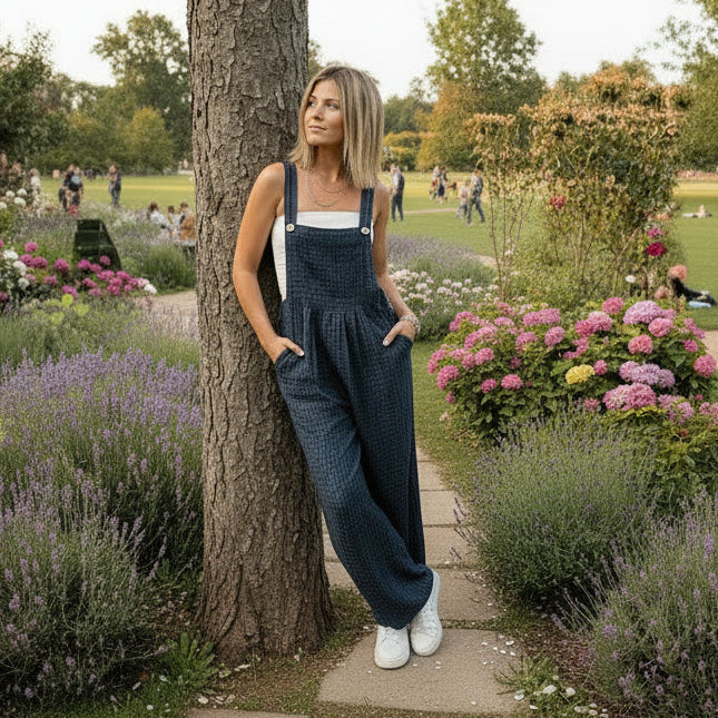 Plaid Button‑Front High‑Waist Jumpsuit — Navy