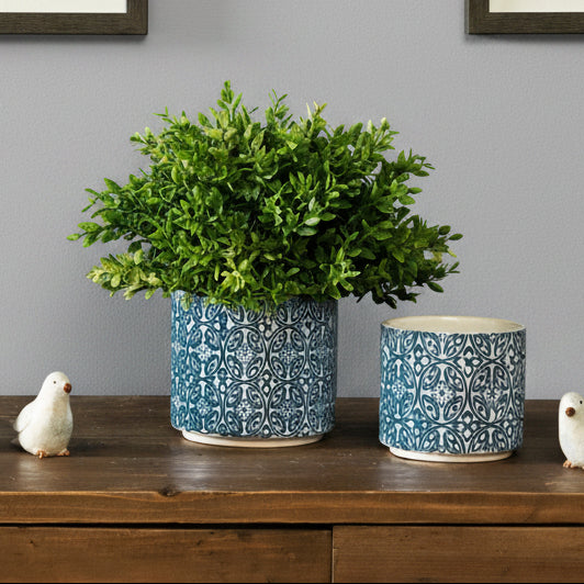 Set of 2 Blue and White Ornamental Ceramic Pots for Farmhouse Home Decor