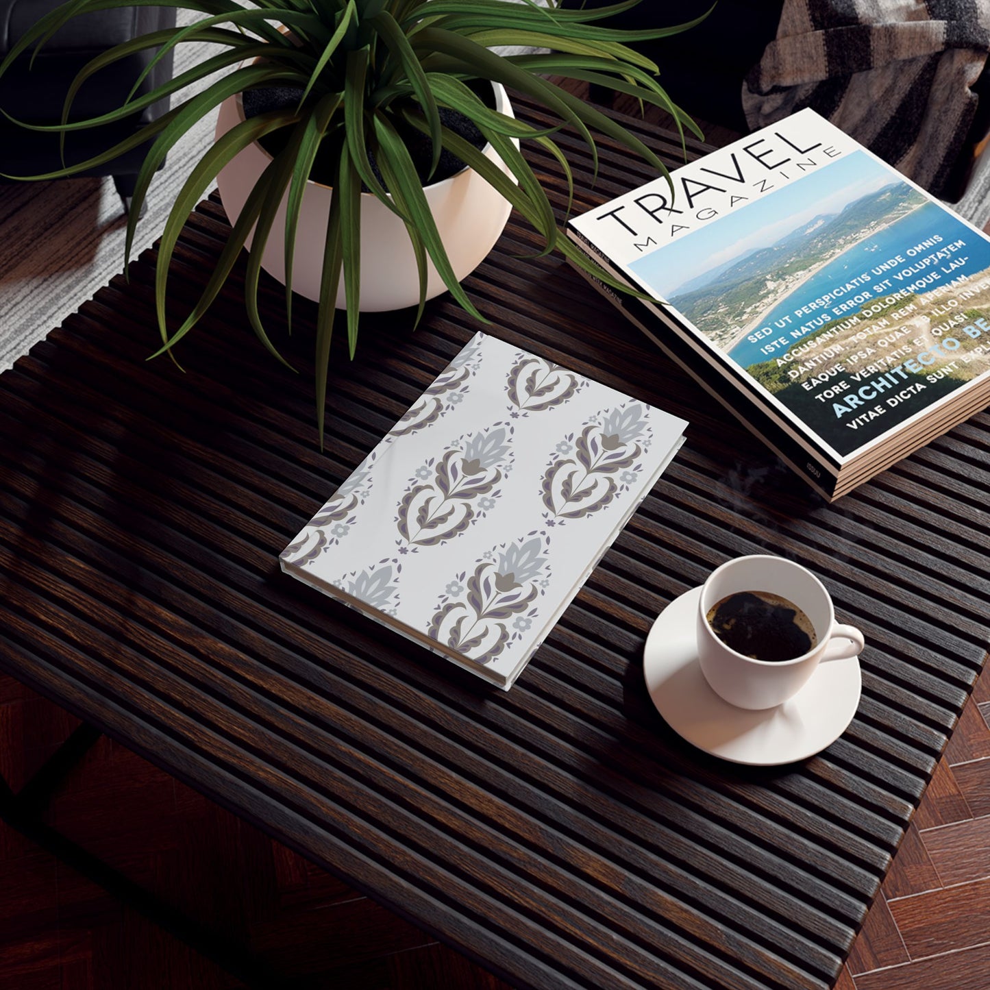 Hardback Journal — Elegant Gray Damask Pattern Notebook for Notes & Journaling
