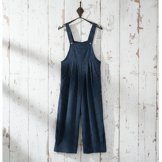Plaid Button‑Front High‑Waist Jumpsuit — Navy