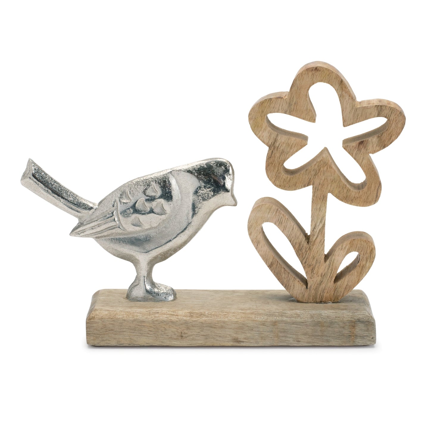 Metal Bird & Flower Decor on Wood Stand – Rustic Accent, Set of 2