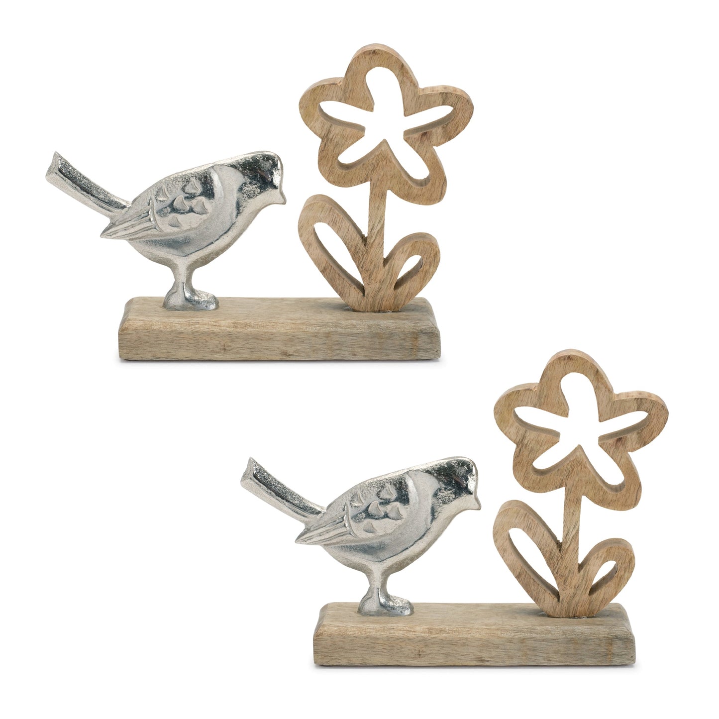 Metal Bird & Flower Decor on Wood Stand – Rustic Accent, Set of 2