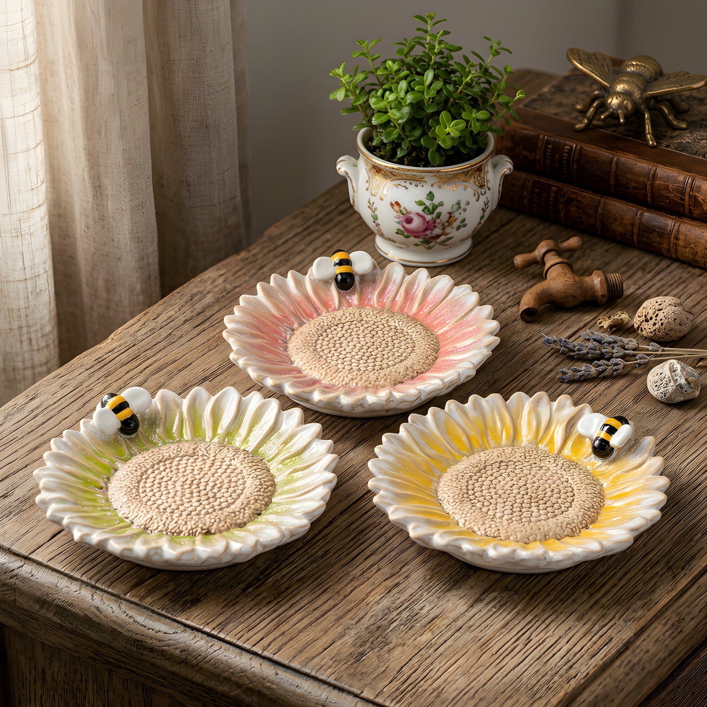 Flower & Bee Glazed Candle Plate Set of 3