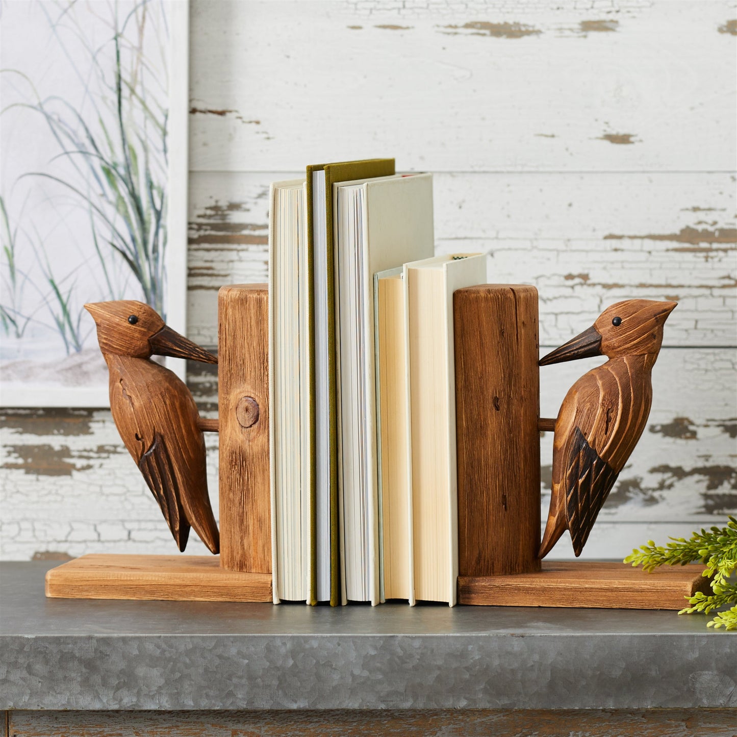 Woodpecker Bookends – Rustic Pine Wood Shelf Decor, Set of 2