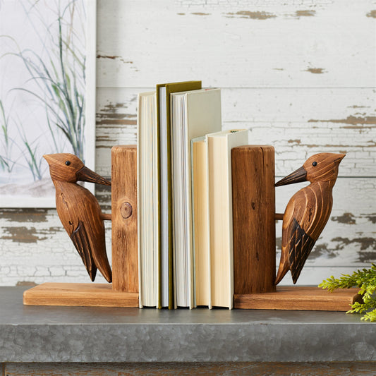 Woodpecker Bookends – Rustic Pine Wood Shelf Decor, Set of 2