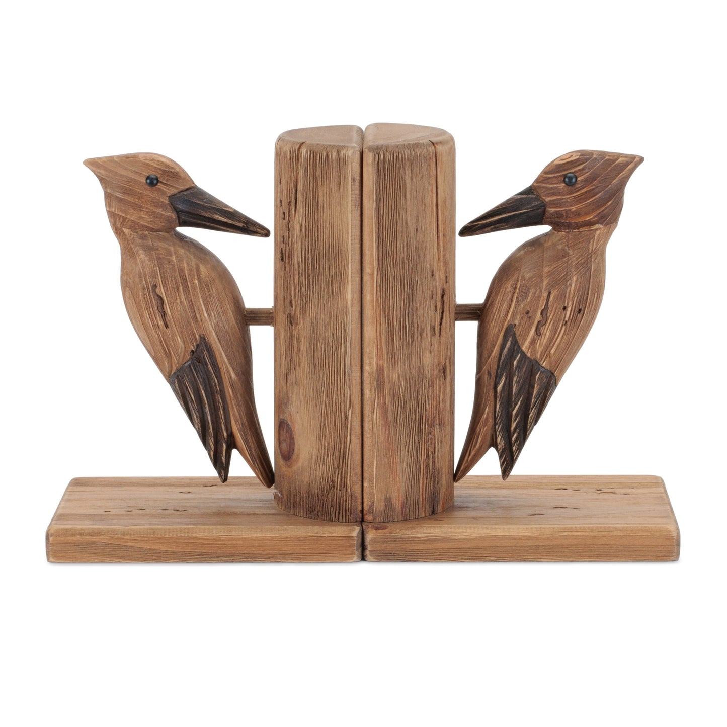 Woodpecker Bookends – Rustic Pine Wood Shelf Decor, Set of 2