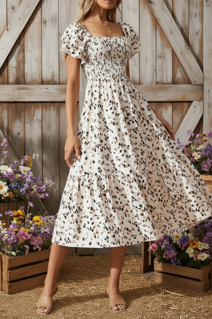 Ditsy Floral Smocked Square Neck Ruffle Sleeve Dress