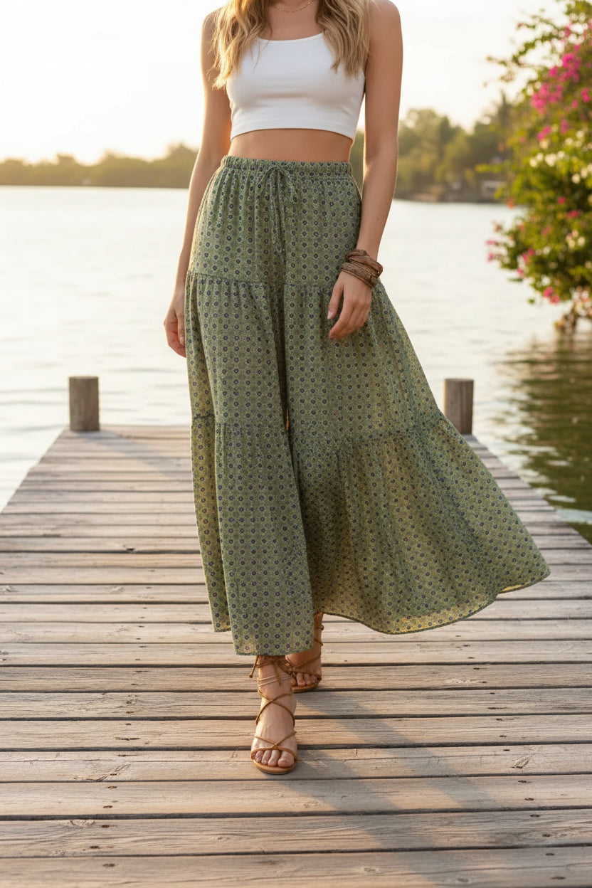 Boho Print Tiered Maxi Skirt