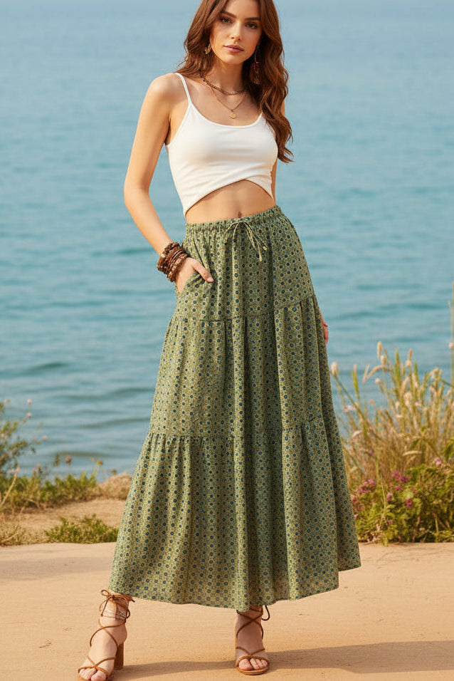 Boho Print Tiered Maxi Skirt