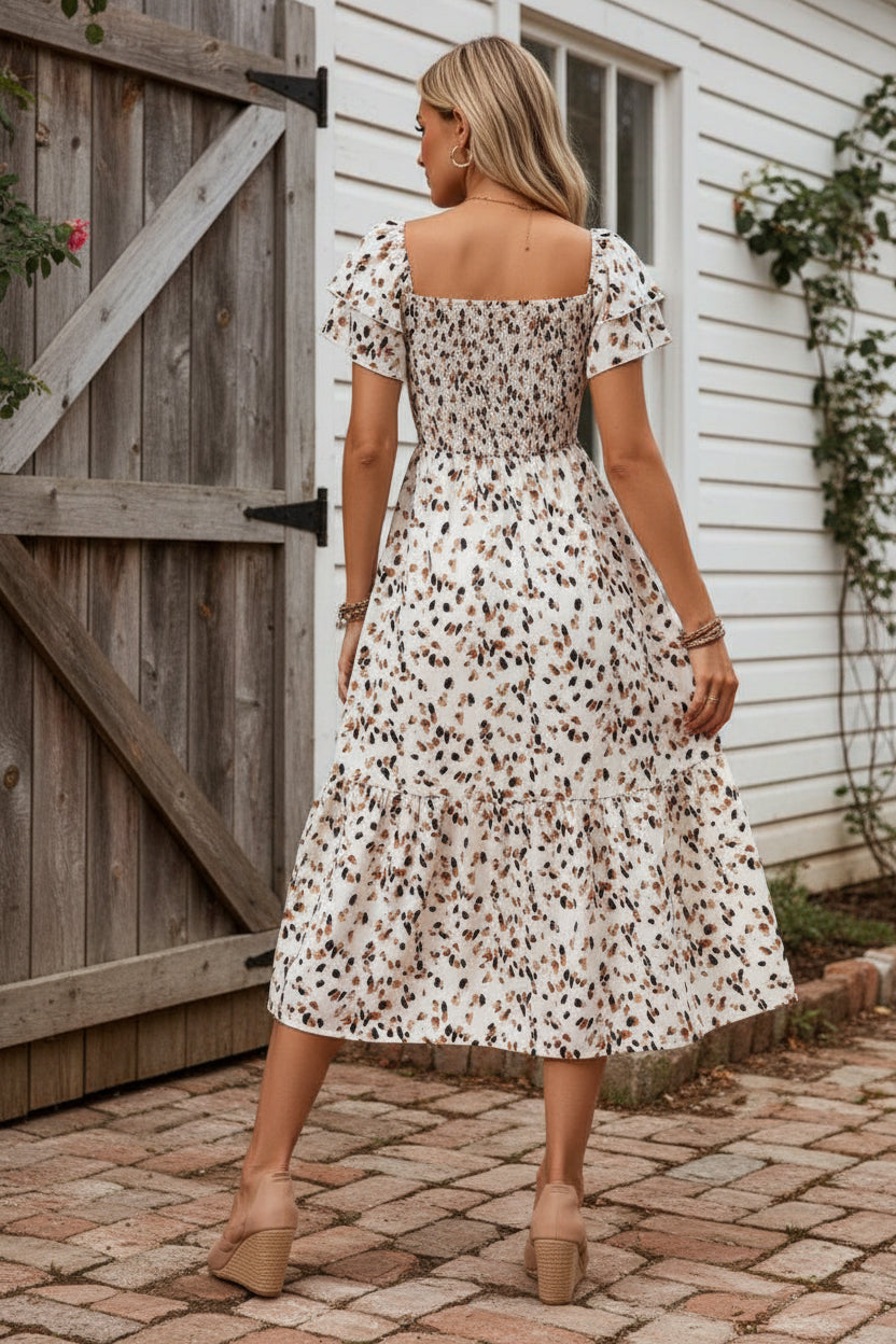 Ditsy Floral Smocked Square Neck Ruffle Sleeve Dress