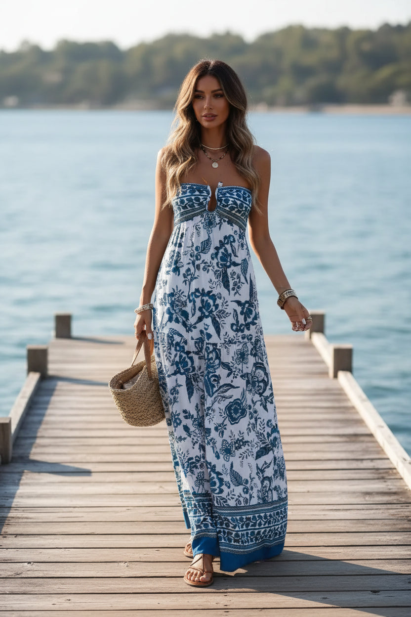 Floral Print Strapless Maxi Dress