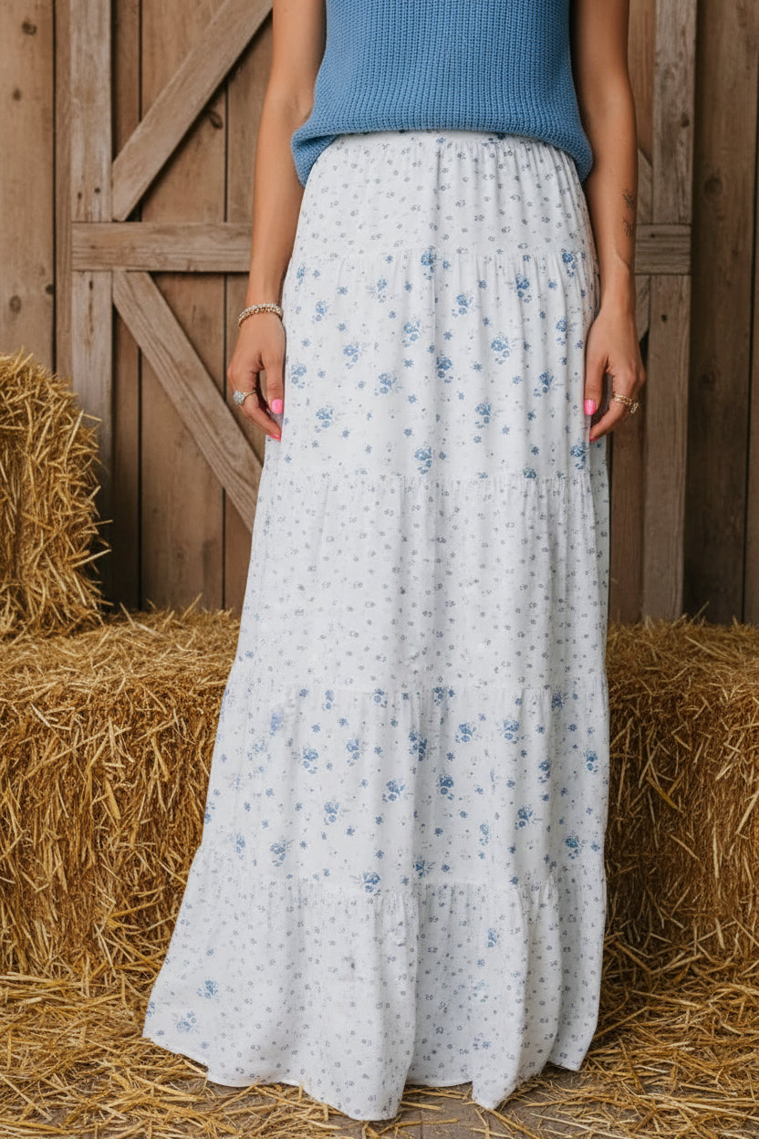 High Waist Tiny Floral Boho Maxi Skirt