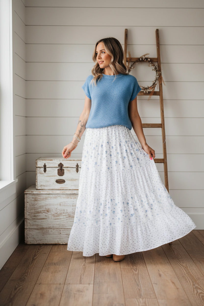 High Waist Tiny Floral Boho Maxi Skirt
