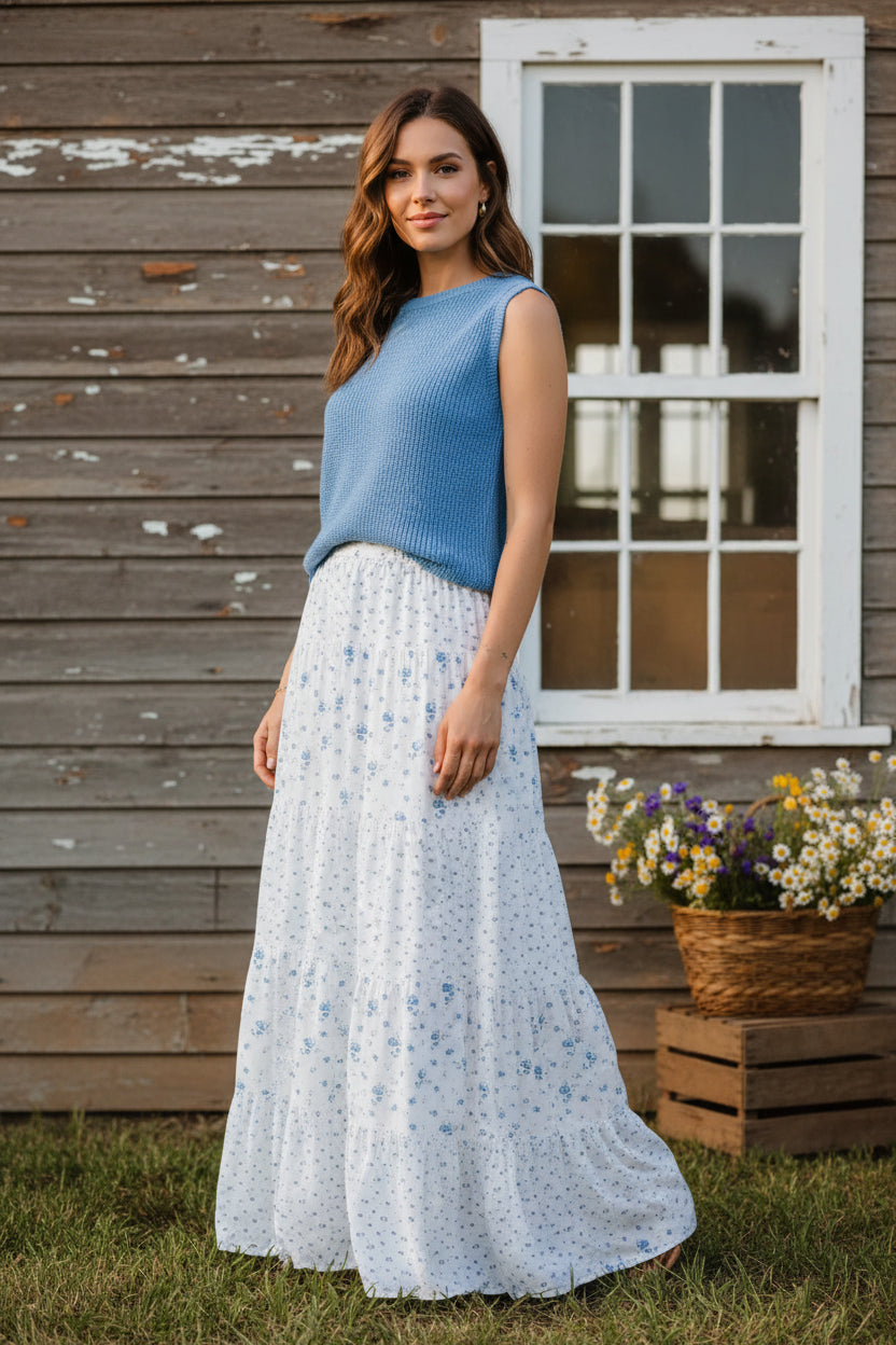 High Waist Tiny Floral Boho Maxi Skirt
