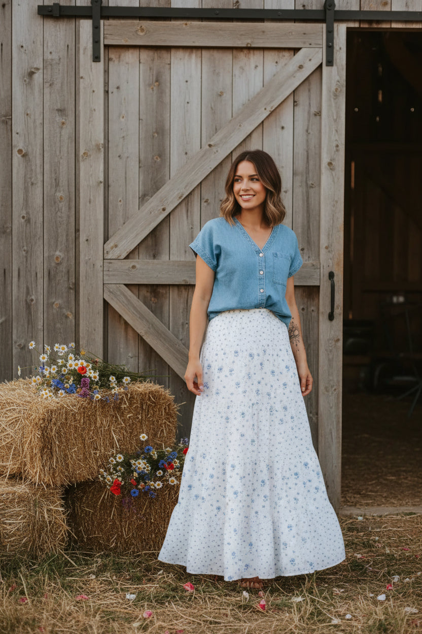 High Waist Tiny Floral Boho Maxi Skirt