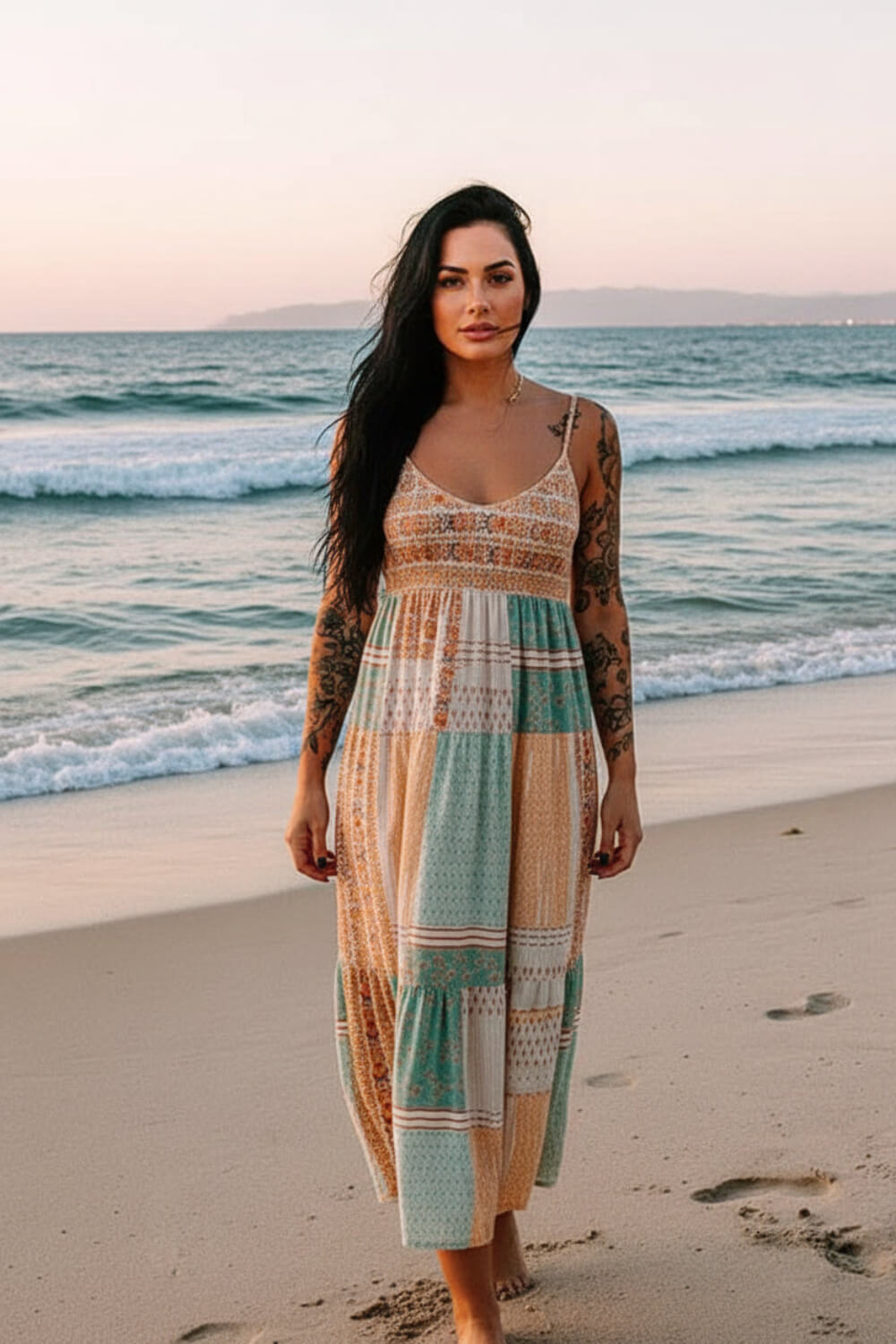 Mint Boho Patchwork Square Neck Sundress