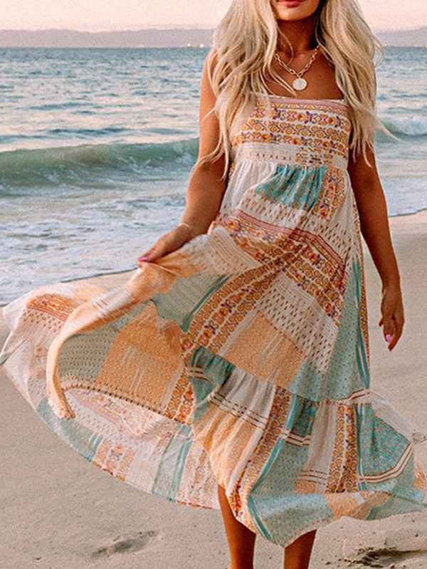 Mint Boho Patchwork Square Neck Sundress