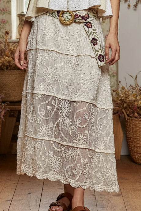 Floral Embroidered Maxi Skirt with Tiered Crochet Design