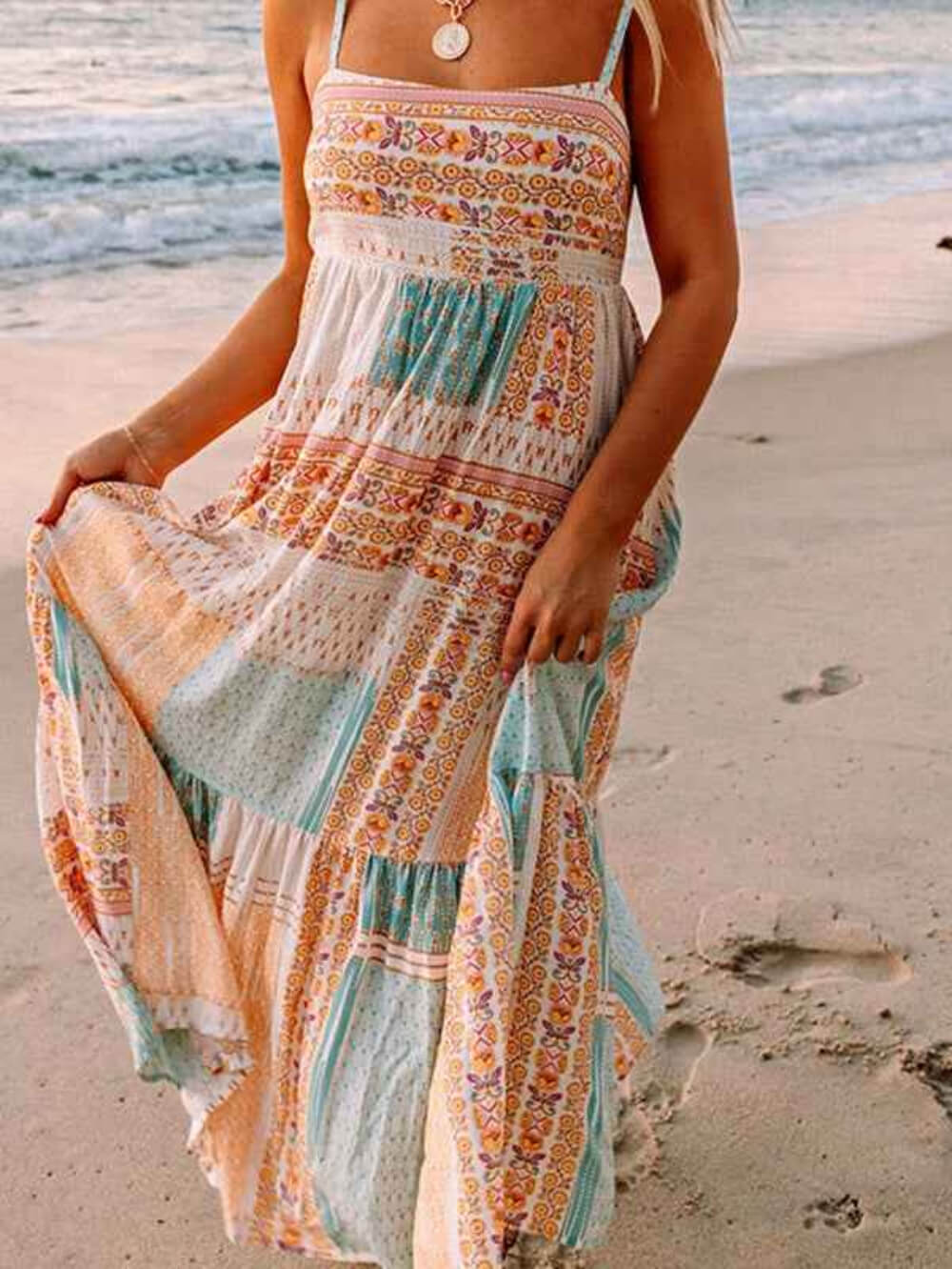 Mint Boho Patchwork Square Neck Sundress