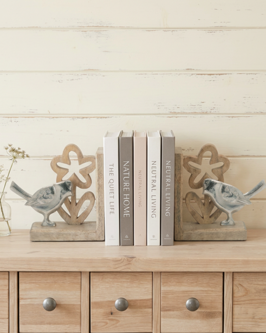 Metal Bird & Flower Decor on Wood Stand – Rustic Accent, Set of 2