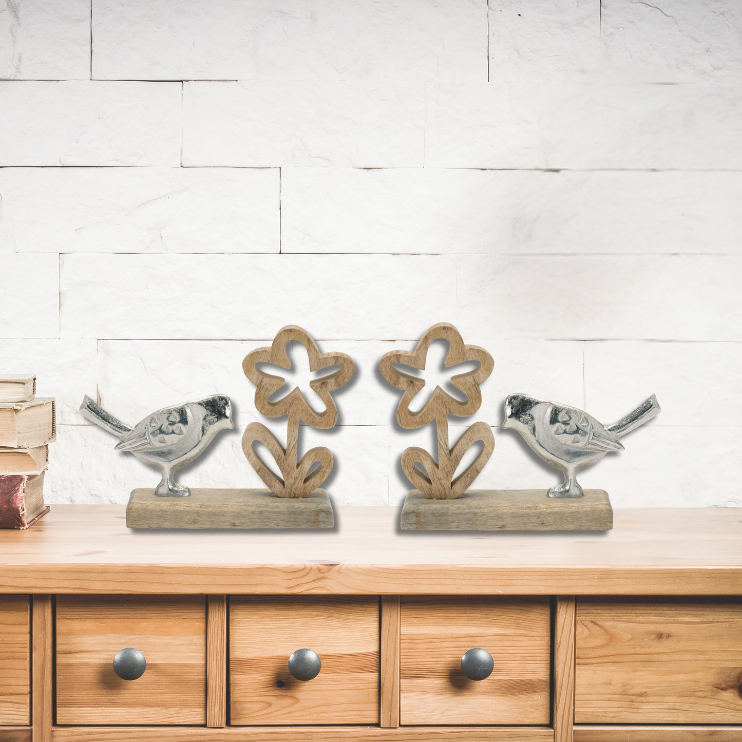 Metal Bird & Flower Decor on Wood Stand – Rustic Accent, Set of 2