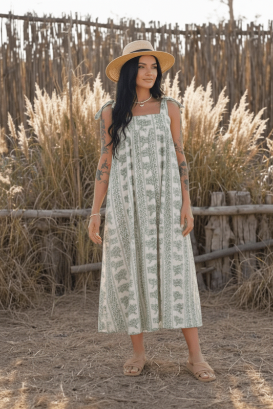 Printed Midi Dress with Square Neck