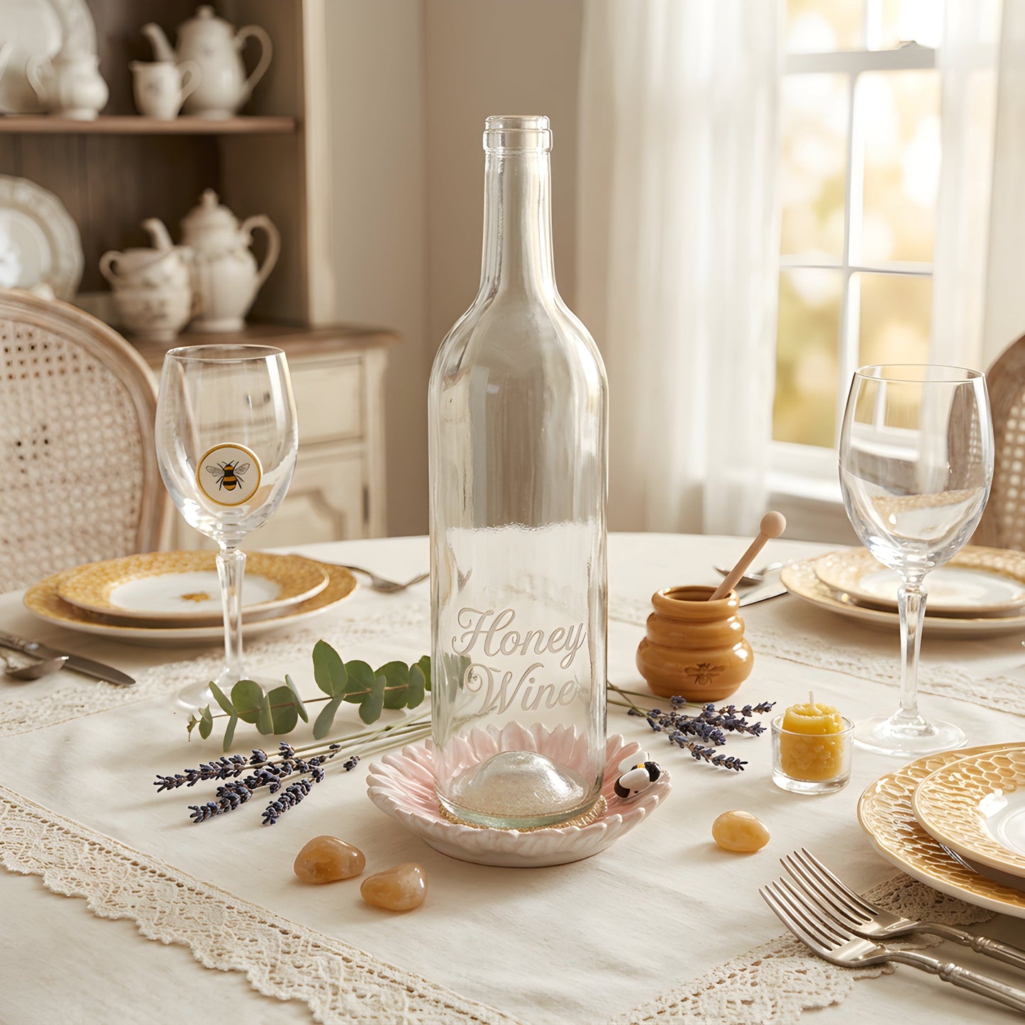 Flower & Bee Glazed Candle Plate Set of 3