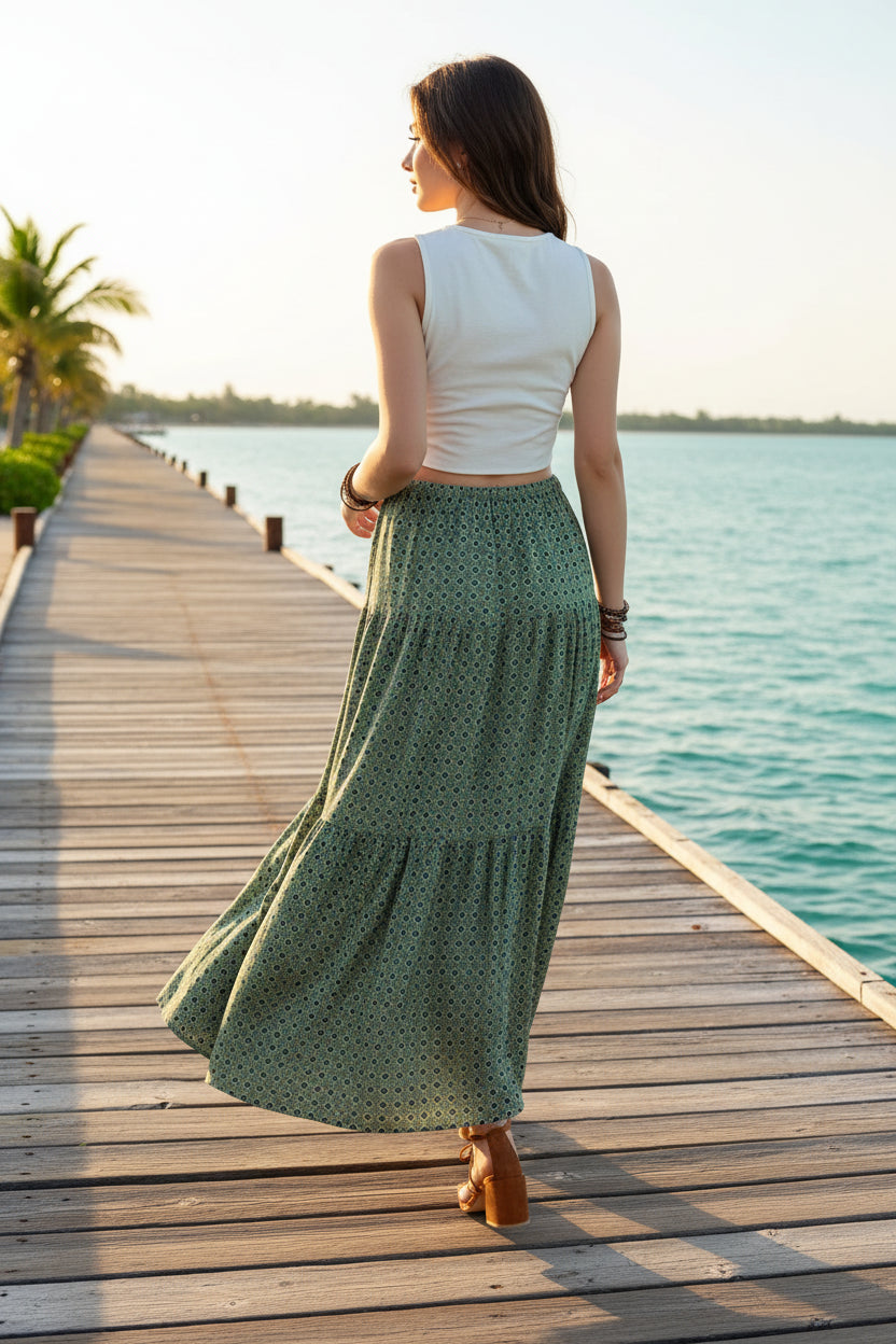 Boho Print Tiered Maxi Skirt