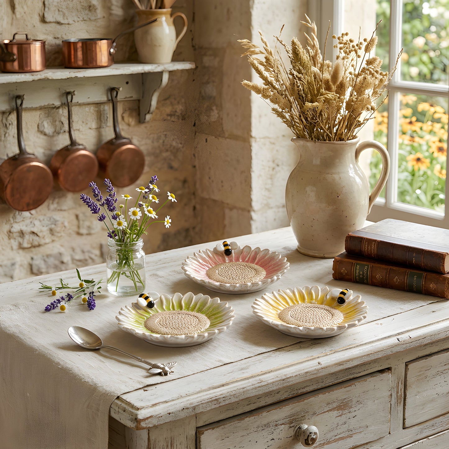 Flower & Bee Glazed Candle Plate Set of 3