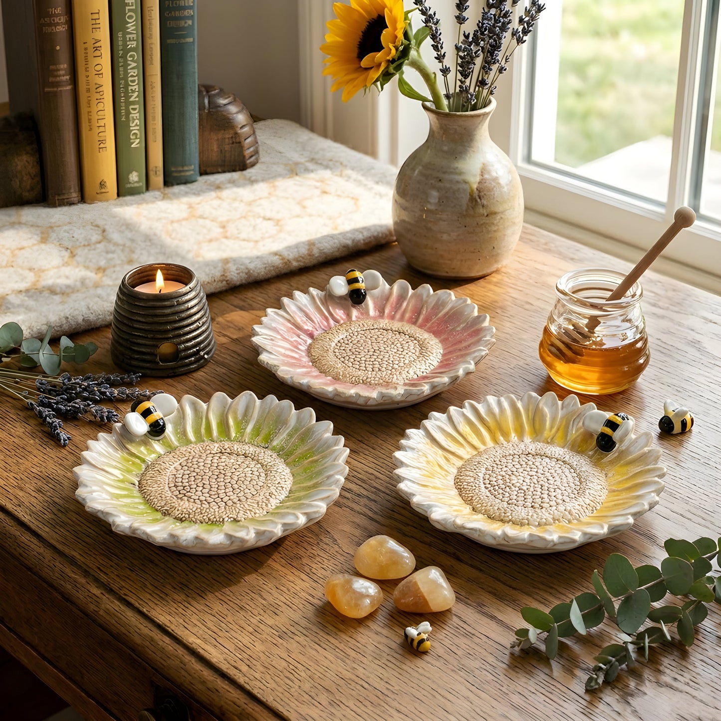 Flower & Bee Glazed Candle Plate Set of 3