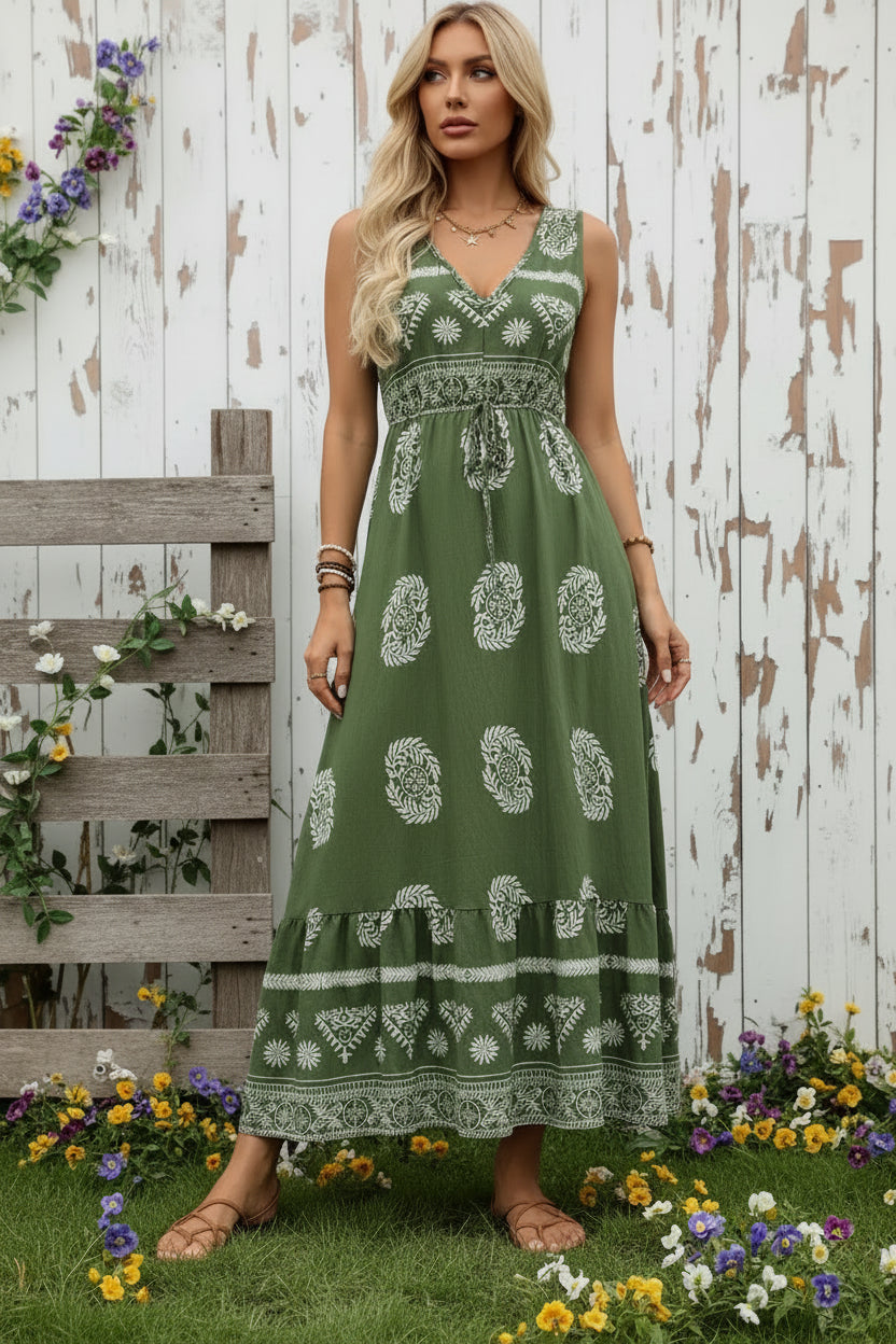 Matcha Green Printed V-Neck Sleeveless Dress