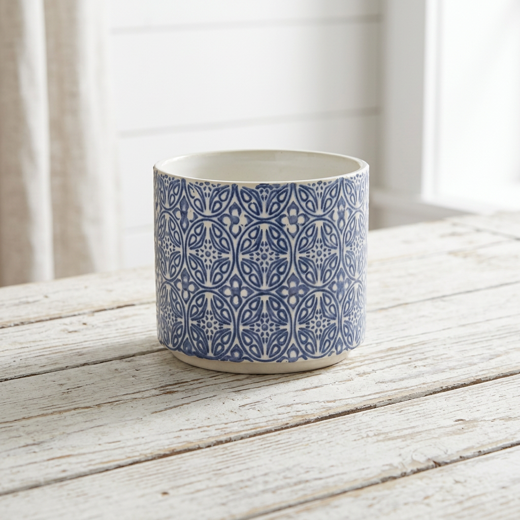 Set of 2 Blue and White Ornamental Ceramic Pots for Farmhouse Home Decor